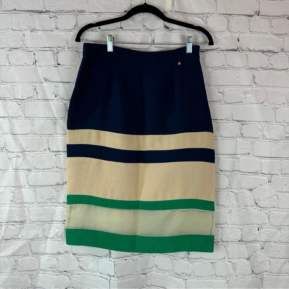Harlyn pencil skirt sheer panel stripe colorblock women S knee length office
